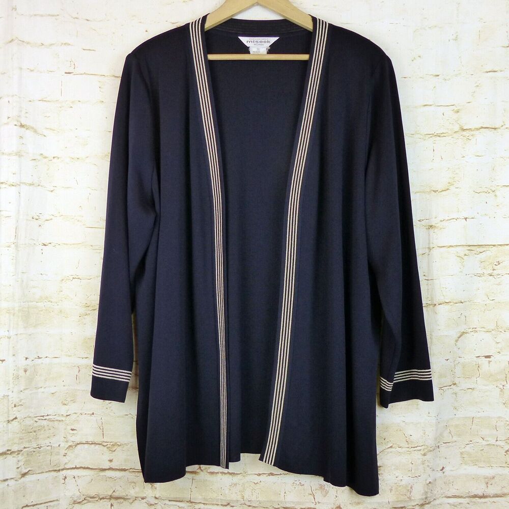 Exclusively Misook Cardigan Womens Plus 3X Navy Blue Silver Trim Open Front VTG